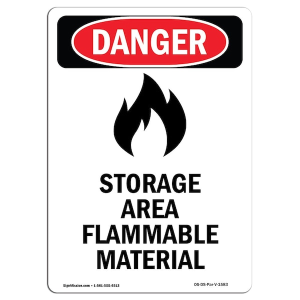 Safety Sign, OSHA Danger, 5" Height, Storage Area Flammable, Portrait, 10PK
